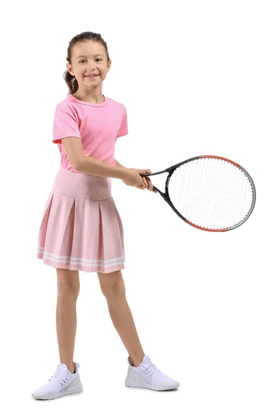 Menina bonito com raquete de tênis no fundo branco — Fotografia de Stock