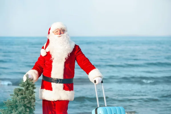 Santa Claus with luggage and fir tree at sea resort — Stock Photo, Image