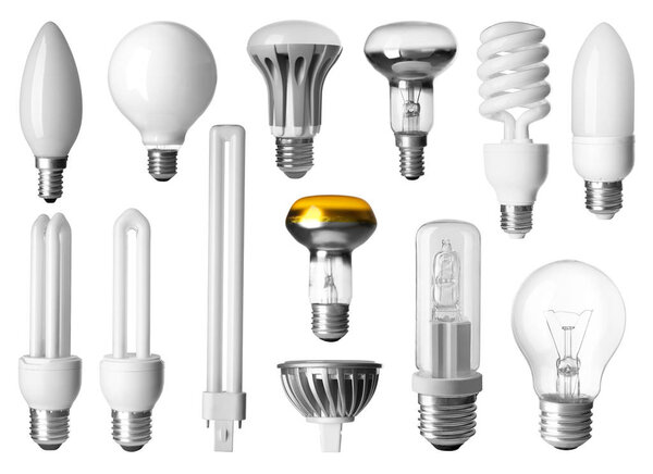 Different light bulbs on white background