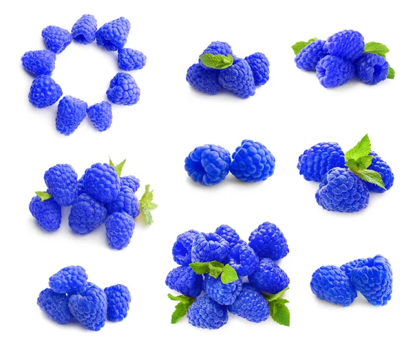 Set with fresh blue raspberry on white background — Stock Photo, Image
