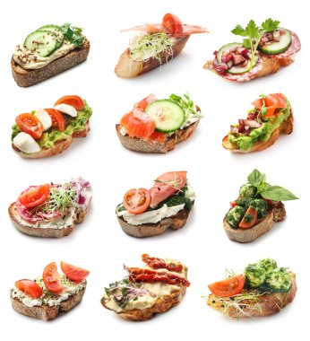 Beyaz arka planda farklı lezzetli bruschettas