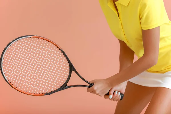 Beautiful tennis player on color background — Stock Photo, Image