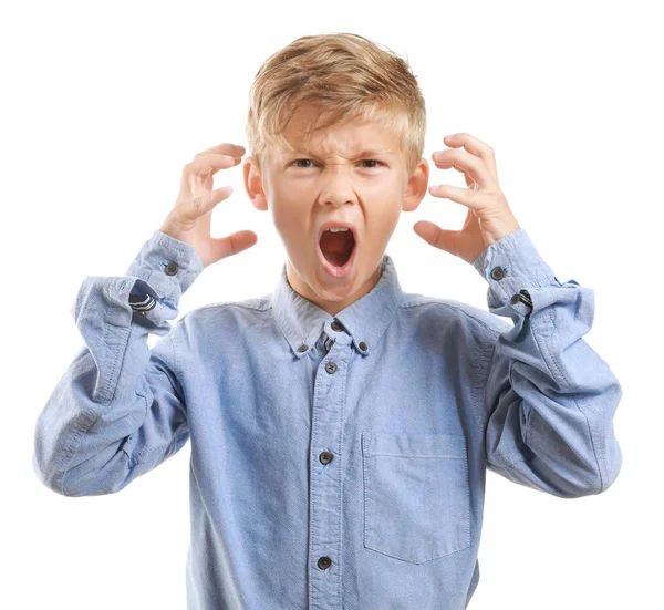 Retrato de niño enojado sobre fondo blanco — Foto de Stock