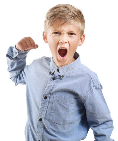 Retrato de niño enojado sobre fondo blanco — Foto de Stock