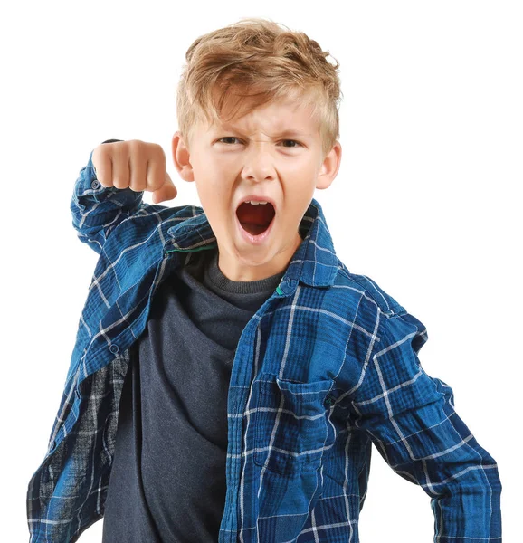 Portrait of angry little boy on white background — Stock Photo, Image