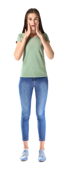 Surprised young girl in stylish t-shirt on white background — Stock Photo, Image