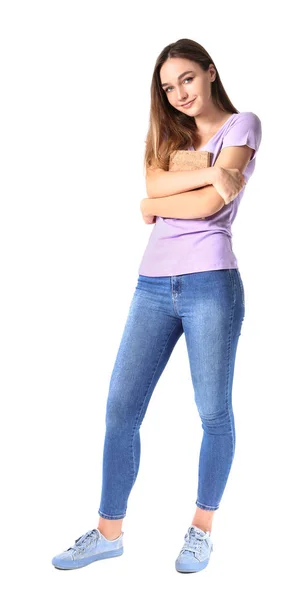 Chica joven con libro sobre fondo blanco —  Fotos de Stock