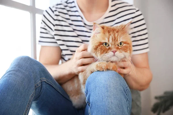 Young man with cute cat near window at home — Stock Photo, Image