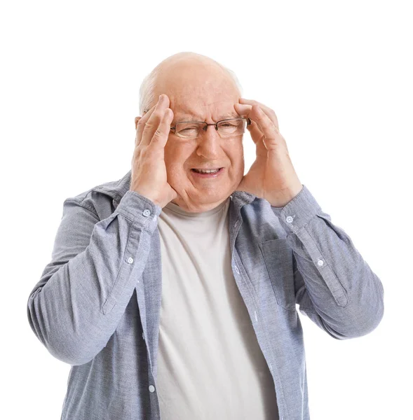 Senior man suffering from headache on white background — Stock Photo, Image