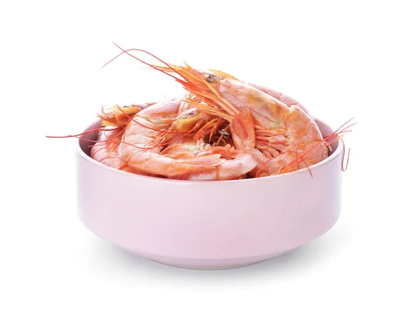 Bowl dengan udang lezat di latar belakang putih — Stok Foto