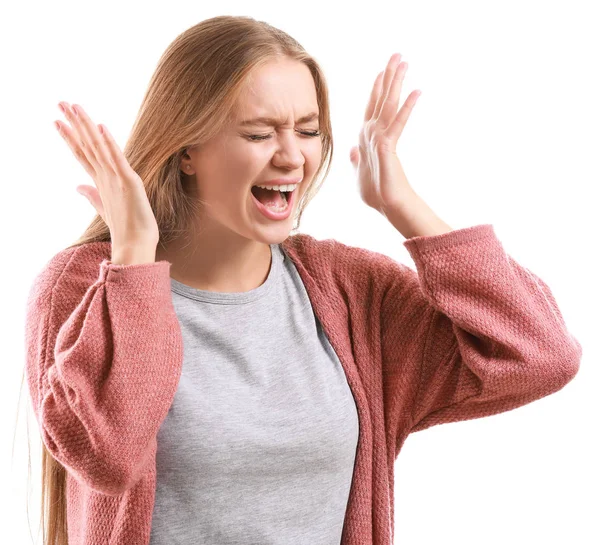 Retrato de mujer enojada sobre fondo blanco —  Fotos de Stock