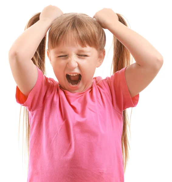 Portrait of angry little girl on white background — Stock Photo, Image