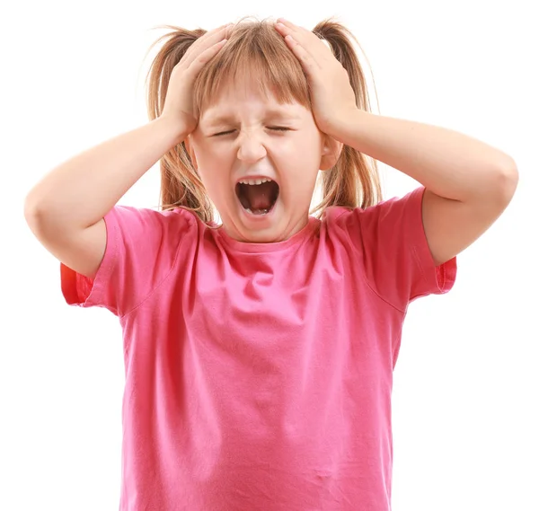 Portrait of angry little girl on white background — Stock Photo, Image