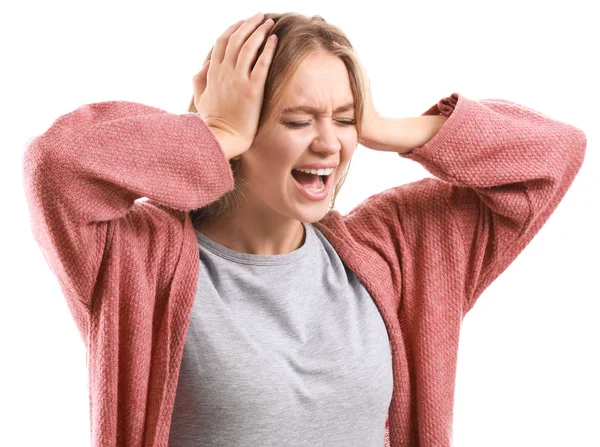 Portrait of angry woman on white background — Stock Photo, Image