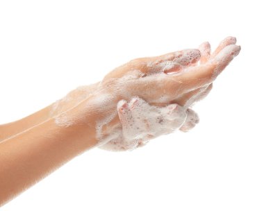 Beyaz zemin üzerine sabun köpüğü ile eller