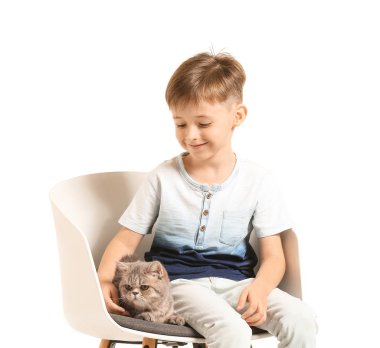 Beyaz arka plan karşı sandalyede oturan sevimli kedi ile küçük çocuk
