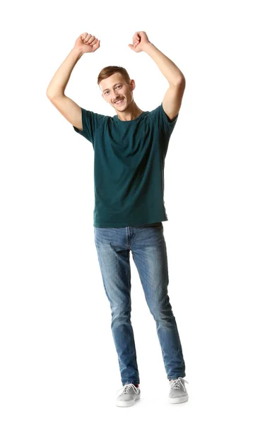 Homem feliz em elegante t-shirt no fundo branco — Fotografia de Stock