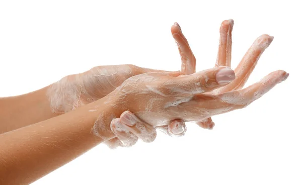 Female hands with soap foam on white background — Stock Photo, Image