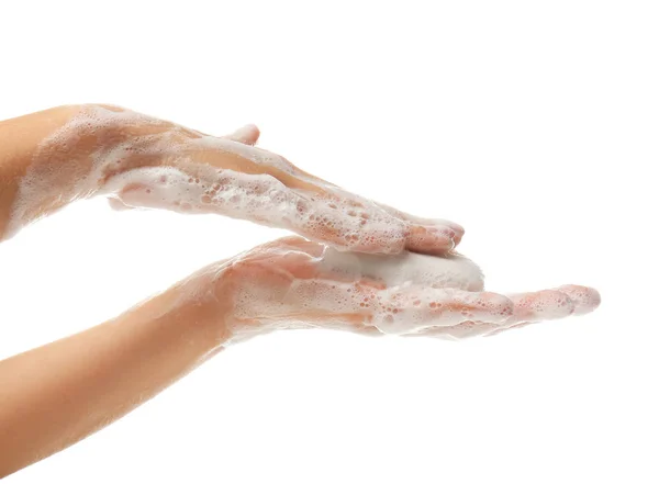 Lavage des mains avec du savon sur fond blanc — Photo