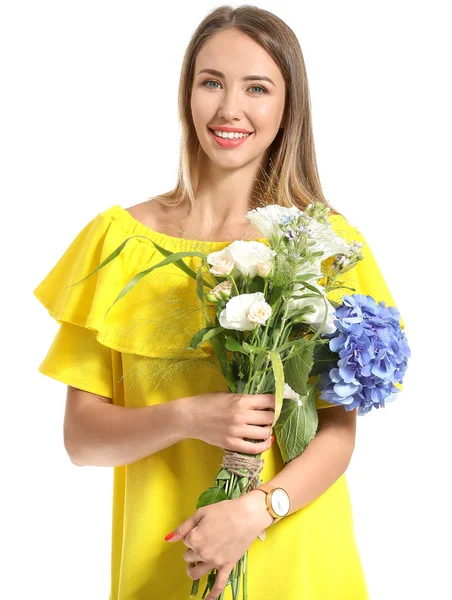 Beautiful young woman with bouquet of flowers on white background — Stock Photo, Image