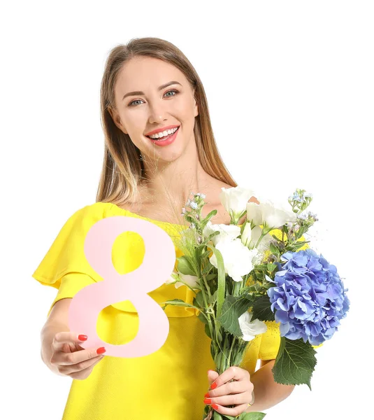 Beautiful young woman with flowers and figure 8 on white background. International Women's Day celebration — Stock Photo, Image