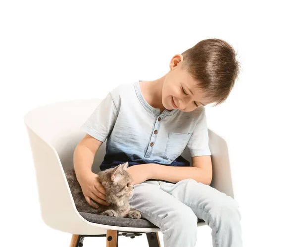 Menino com gato bonito sentado na cadeira contra fundo branco — Fotografia de Stock