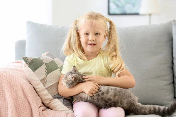 Bambina con gatto carino a casa — Foto Stock