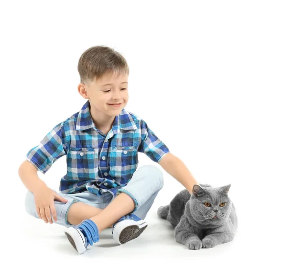 Petit garçon avec chat mignon sur fond blanc — Photo