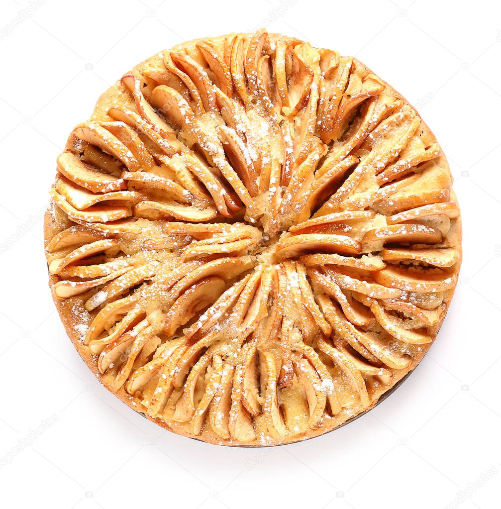 Sweet apple pie on white background