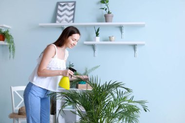 Genç kadın evde ev bitkisu püskürtme