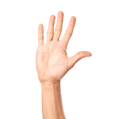 Male hand with open palm on white background clipart