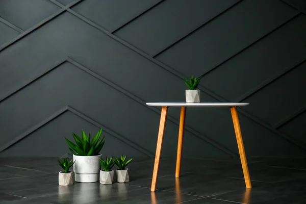 Tavolo con piante d'appartamento vicino al muro scuro — Foto Stock
