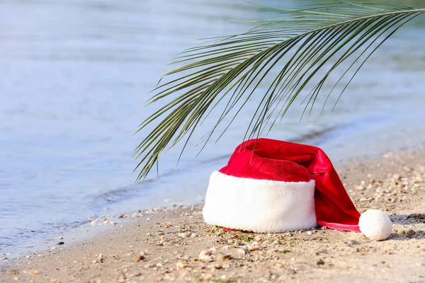 Santa Claus hoed met tropische blad aan zee kust. Kerst vakantie — Stockfoto