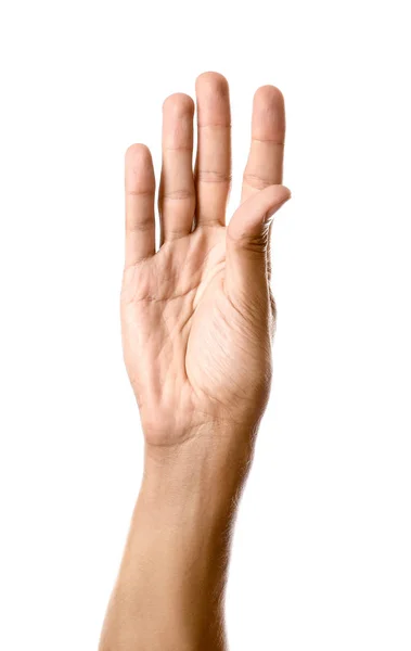 Чоловіча рука з відкритою долонею на білому тлі — стокове фото
