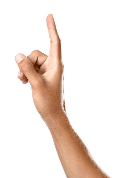 Hanhand med höjt pekfinger på vit bakgrund — Stockfoto