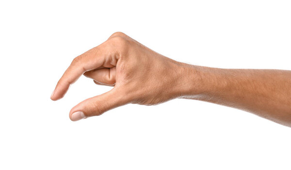 Male hand holding something on white background