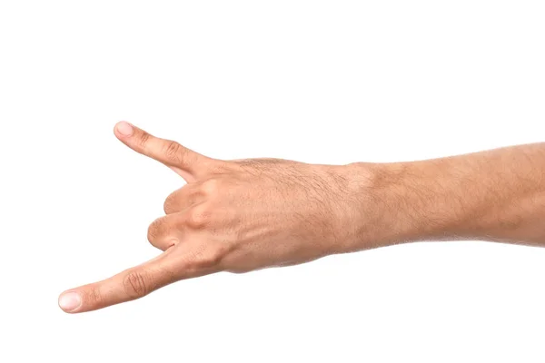 Mão masculina mostrando gesto "chifres do diabo" no fundo branco — Fotografia de Stock