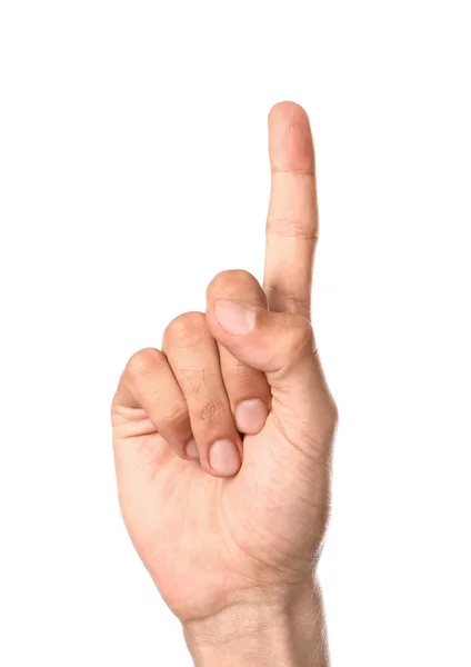 흰색 배경에 제기 된 검지 손가락을 가진 남성 손 — 스톡 사진