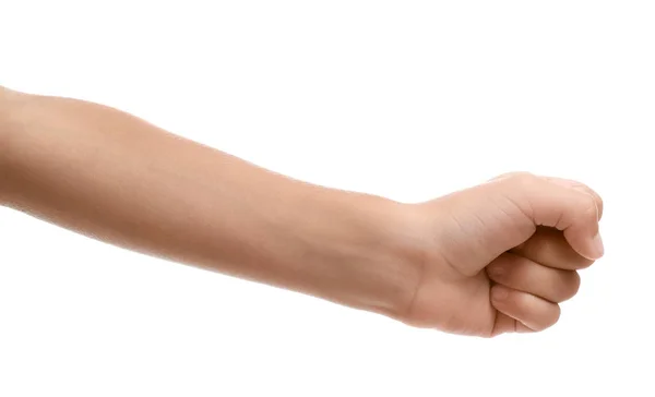 Рука ребенка с сжатым кулаком на белом фоне — стоковое фото