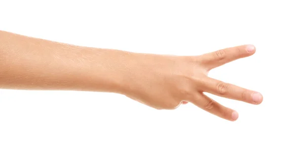 Рука ребенка показывает три пальца на белом фоне — стоковое фото