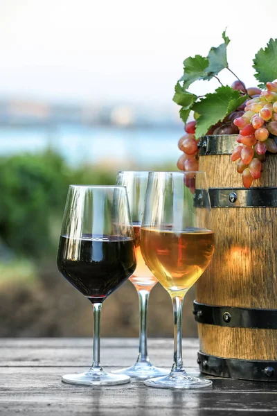 Sklenice různého vína a barelu na stole v vinici — Stock fotografie