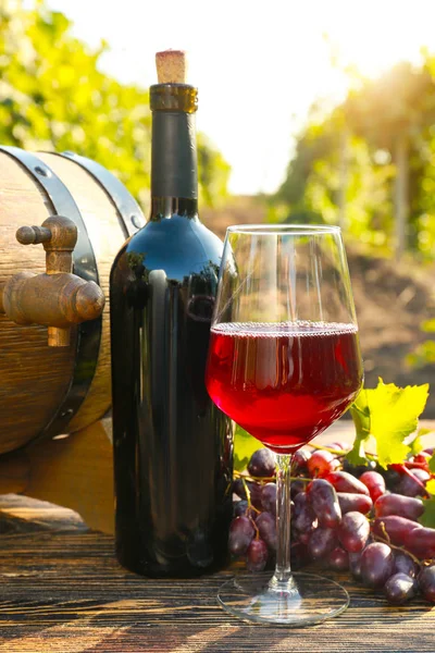 Sklenice a láhev červeného vína s čerstvými hrozny a hlaveň na dřevěném stolku ve vinici — Stock fotografie