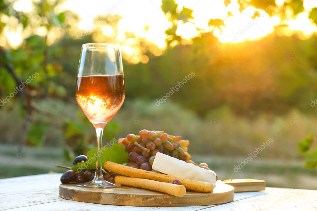 Glass of wine with snacks on wooden table in vineyard