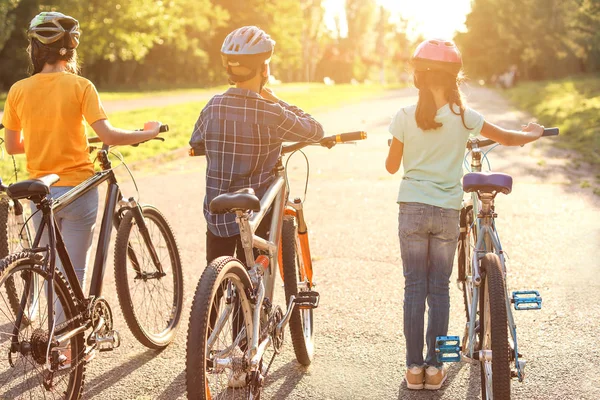 Lindos niños montando bicicletas al aire libre —  Fotos de Stock