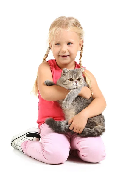 Klein meisje met schattige kat op witte achtergrond — Stockfoto