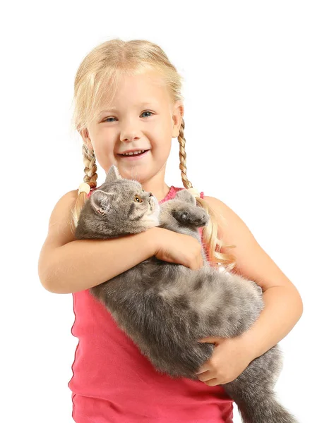 Klein meisje met schattige kat op witte achtergrond — Stockfoto