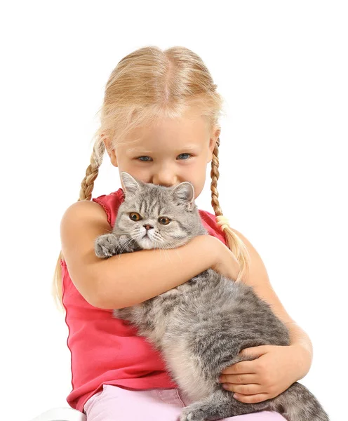 Bambina con simpatico gatto su sfondo bianco — Foto Stock