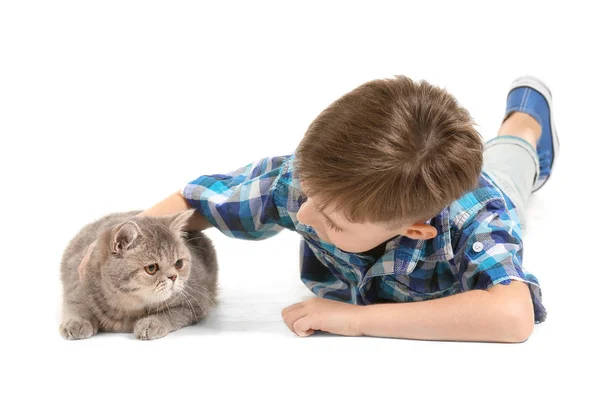 Ragazzino con simpatico gatto su sfondo bianco — Foto Stock