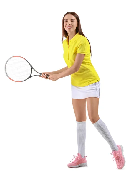 Schöne Tennisspielerin auf weißem Hintergrund — Stockfoto