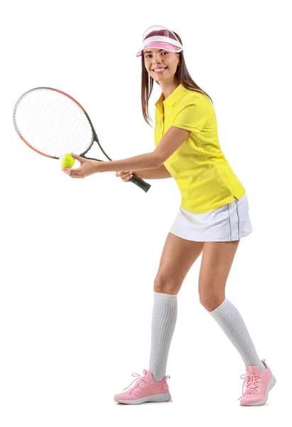 Schöne Tennisspielerin auf weißem Hintergrund — Stockfoto